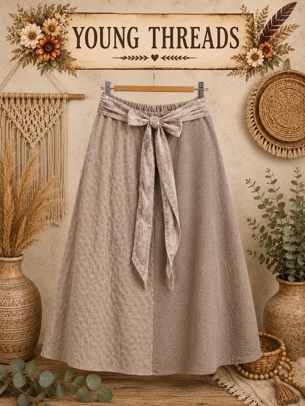 Young Threads Taupe A-Line Midi Skirt with Removable Belt